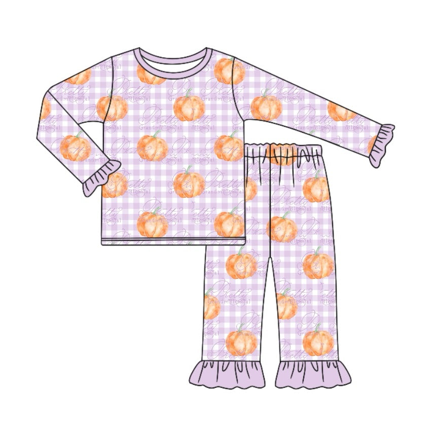 (Pre-order)GLP1713 Pumpkin Plaid Print Girl Fall Pajamas Clothes Set