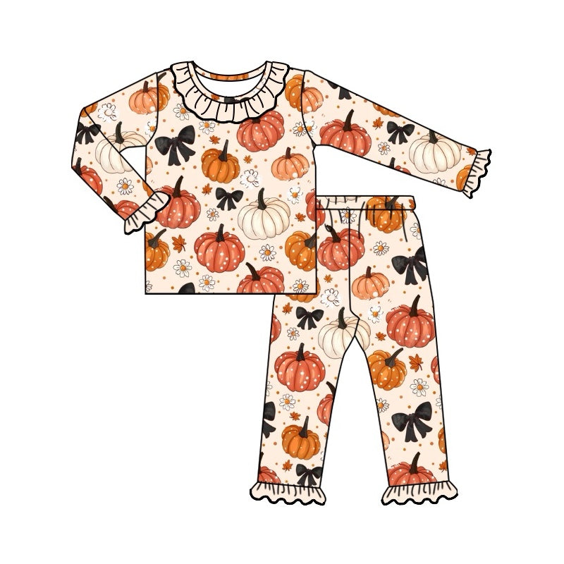 (Pre-order)GLP1714 Pumpkin Bows Flowers Print Girls Fall Pajamas Clothes Set