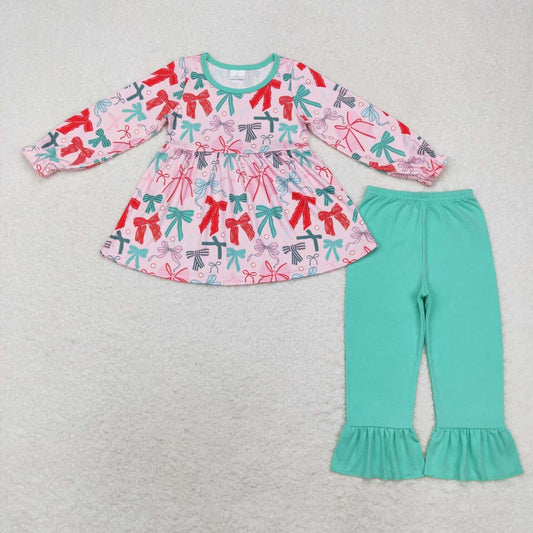 GLP1716 Red Green Bows Tunic Top Green Pants Girls Christmas Clothes Set