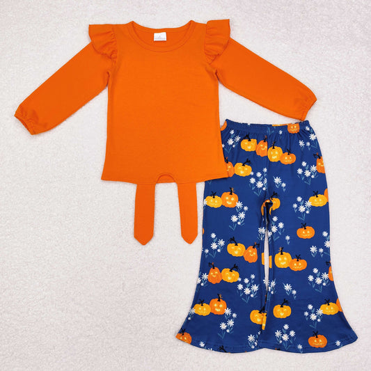 GLP1719 Orange Top Pumpkin Bell Pants Girls Fall Clothes Set