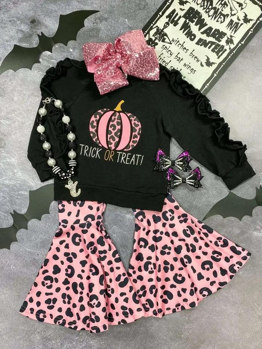 (Pre-order)GLP1721 Trick Or Treat Pumpkin Top Leopard Bell Pants Girls Fall Clothes Set