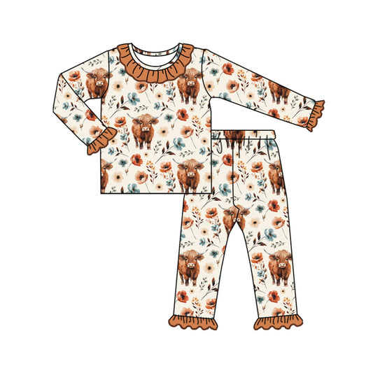 (Pre-order)GLP1725 Highland Cow Flowers Print Girls Fall Pajamas Clothes Set