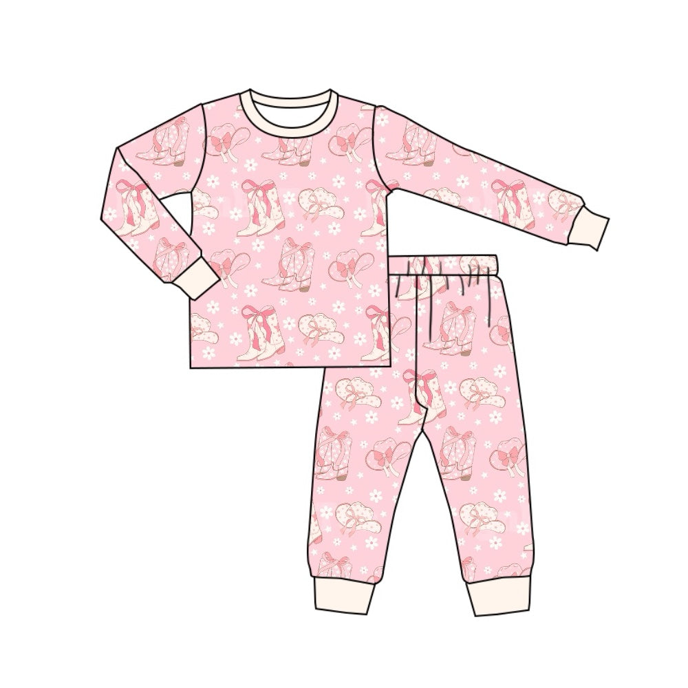 (Pre-order)GLP1726 Boots Hat Flowers Print Girls Fall Pajamas Clothes Set