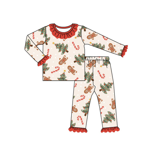 (Pre-order)GLP1731 Gingerbread Tree Candy Print Girls Christmas Pajamas Clothes Set