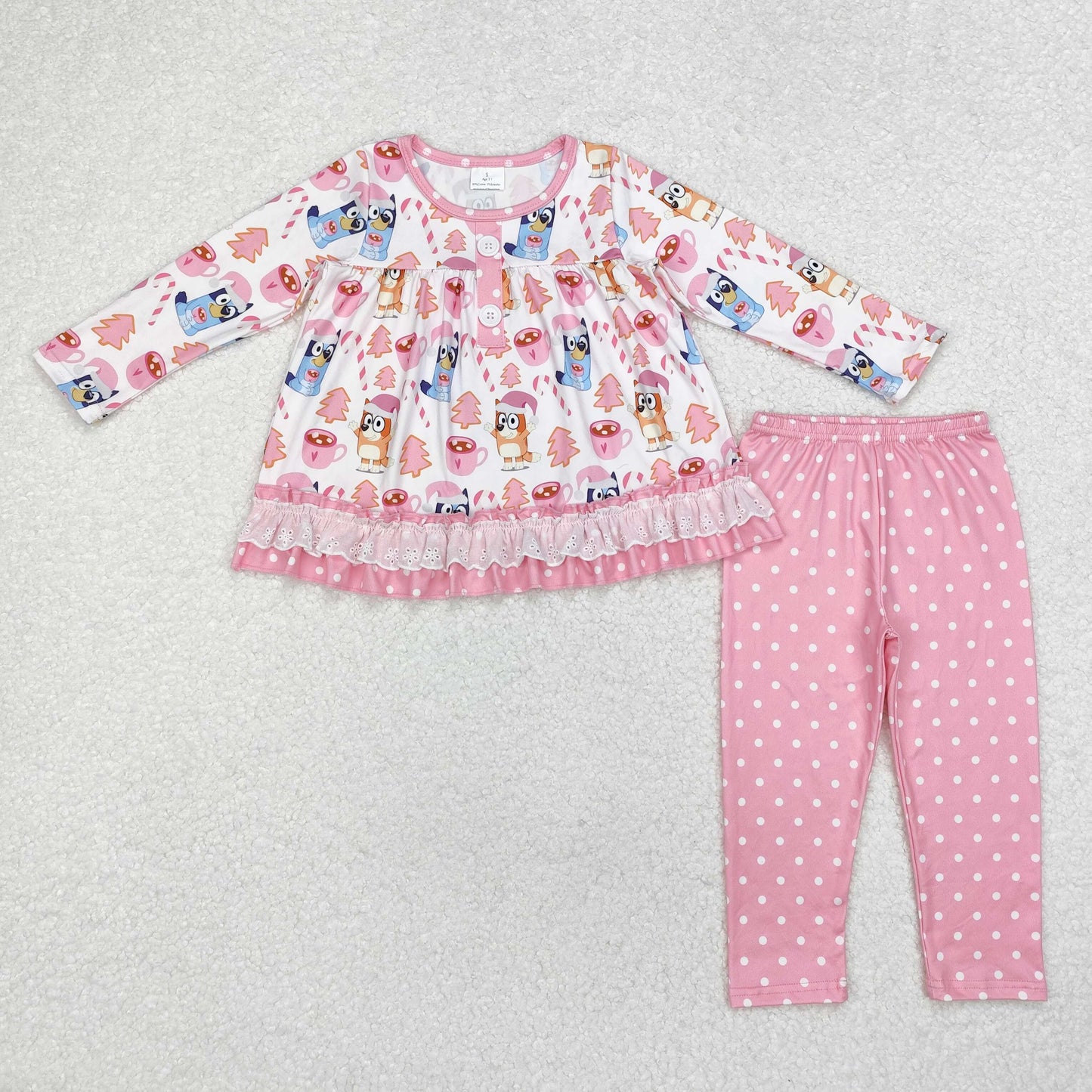 GLP1732 Cartoon Dog Candy Tunic Top Pink Dots Pants Girls Christmas Clothes Set