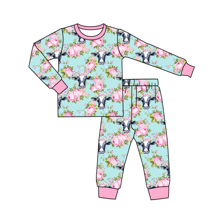 (Pre-order)GLP1736 Cows Flowers Print Girls Fall Pajamas Clothes Set