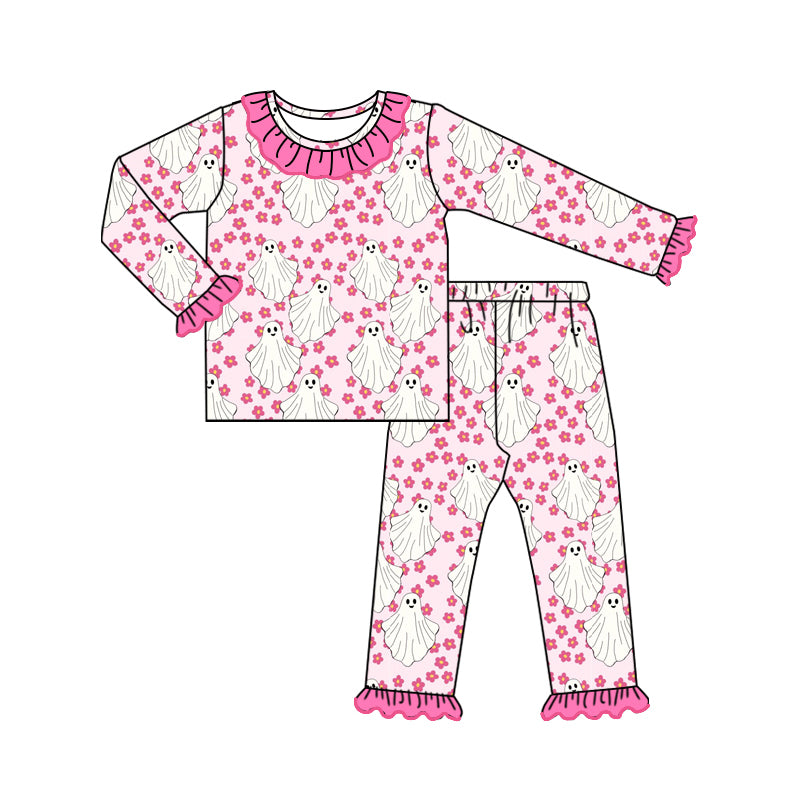 (Pre-order)GLP1737 Ghost Pink Flowers Print Girls Halloween Pajamas Clothes Set