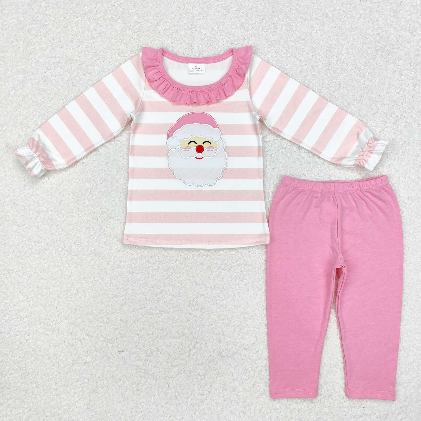 GLP1739 Santa Embroidery Pink Stripes Print Girls Christmas Pajamas Clothes Set