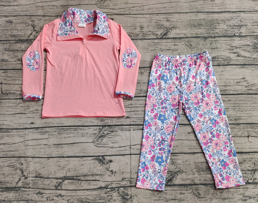 (Pre-order)GLP1750 Pink Top Flowers Pants Girls Fall Clothes Set