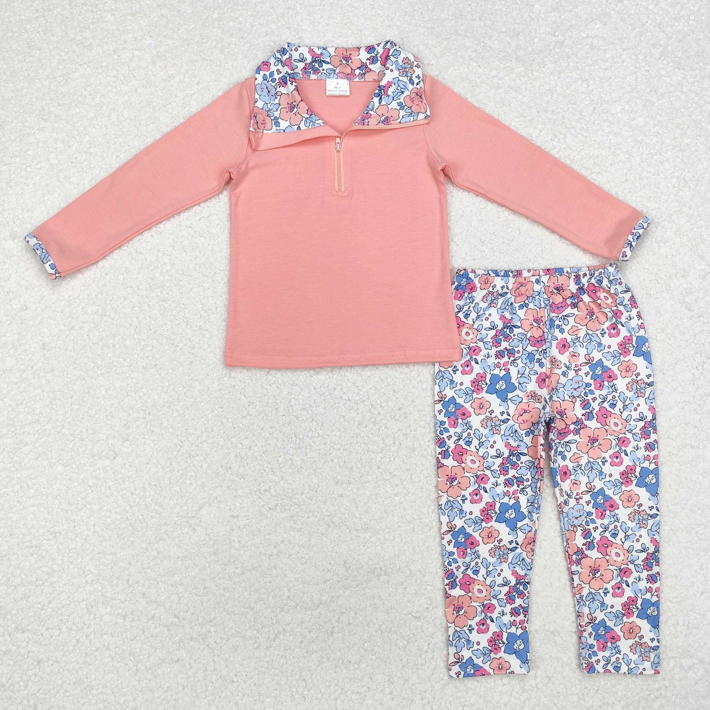 GLP1750 Pink Zipper Pullover Top Flowers Pants Girls Spring Clothes Set