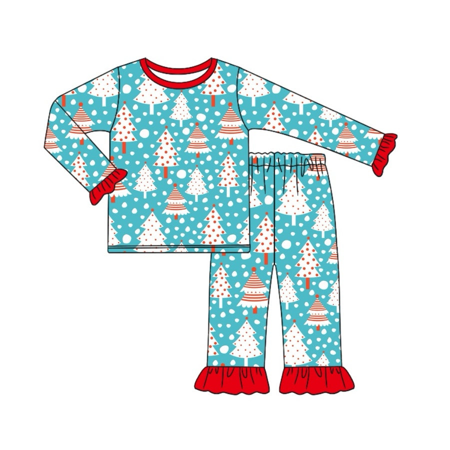 (Pre-order)GLP1751 Tree Blue Print Girls Christmas Pajamas Clothes Set