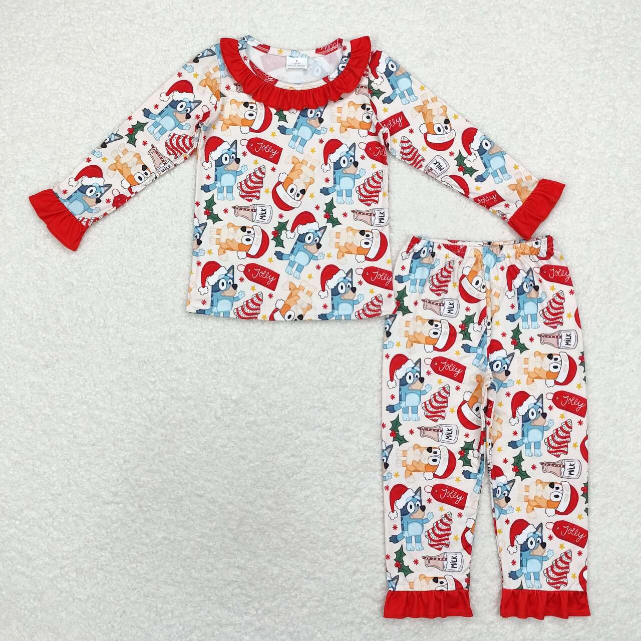 GLP1752 Cartoon Dog Milk Holly Print Girls Christmas Pajamas Clothes Set