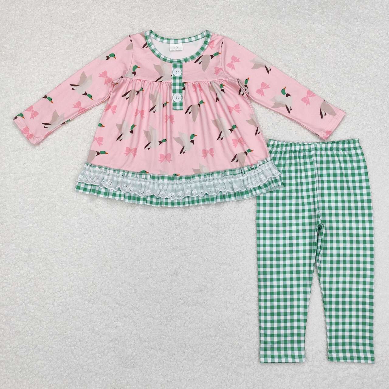 GLP1753 Duck Bows Pink Tunic Top Green Plaid Pants Girls Fall Clothes Set