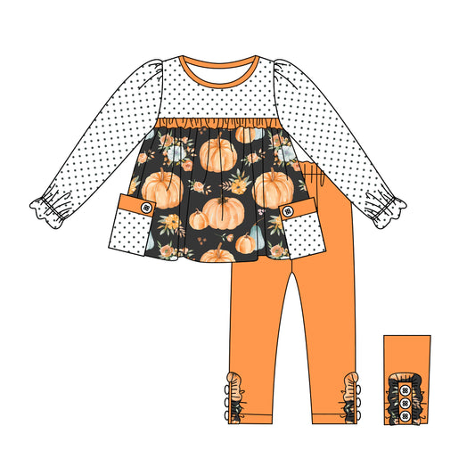 (Pre-order)GLP1755 Pumpkin Flowers Tunic Top Orange Pants Girls Fall Clothes Set