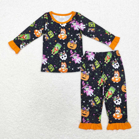 GLP1756 Cartoon Dog Pumpkin Print Girls Halloween Pajamas Clothes Set