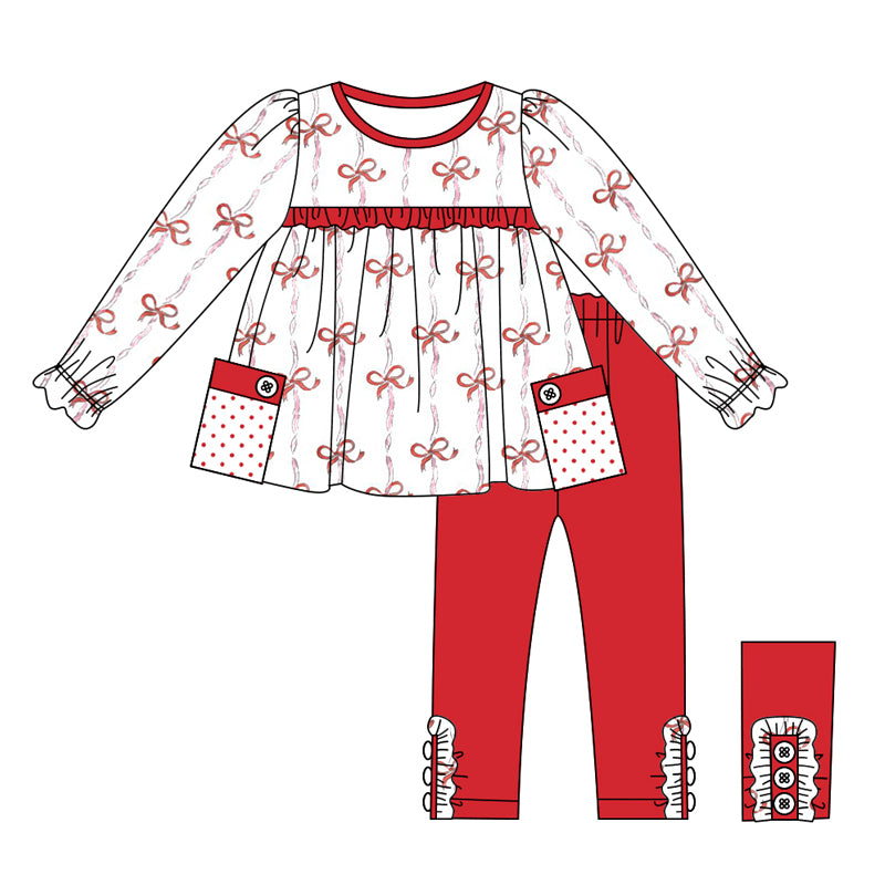 (Pre-order)GLP1761 Bows Tunic Top Red Pants Girls Fall Clothes Set