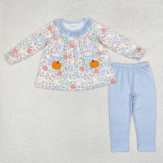 GLP1767 Flowers Pumpkin Tunic Top Blue Pants Girls Fall Clothes Set