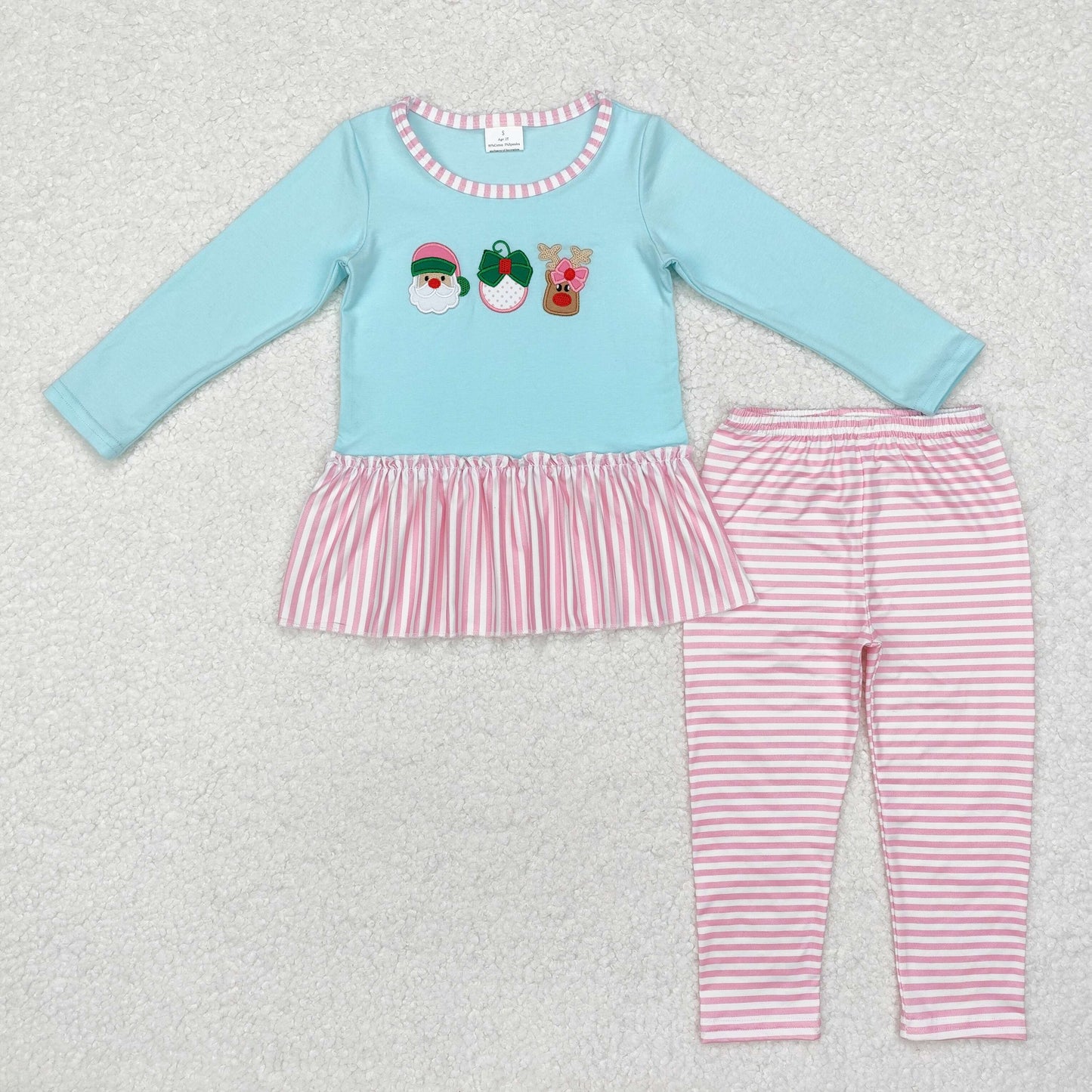 Santa Deer Embroidery Pink Stripes Print Sisters Christmas Matching Clothes