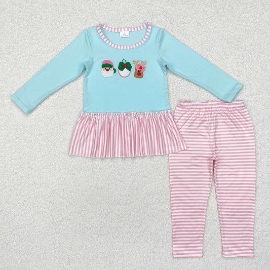 GLP1770 Santa Deer Embroidery Blue Top Pink Stripes Pants Girls Christmas Clothes Set