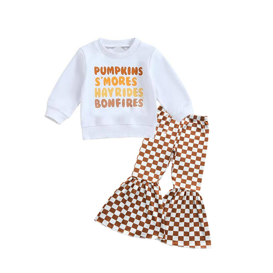 (Pre-order)GLP1774 Pumpkin Top Plaid Bell Pants Girls Fall Clothes Set