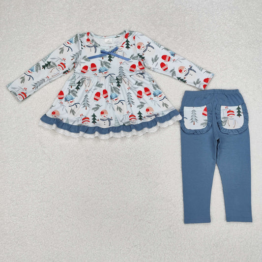 GLP1778 Snowman Tunic Top Blue Pockets Pants Girls Christmas Clothes Set