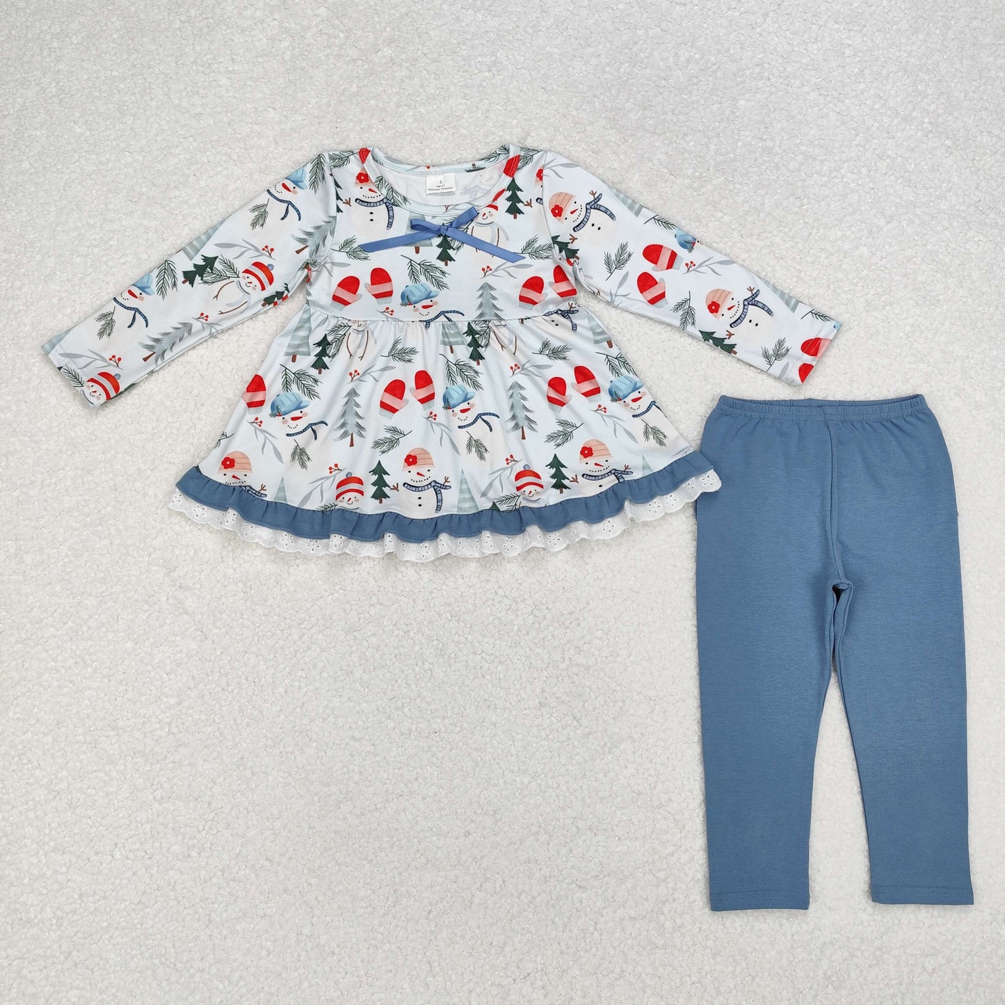 GLP1778 Snowman Tunic Top Blue Pockets Pants Girls Christmas Clothes Set