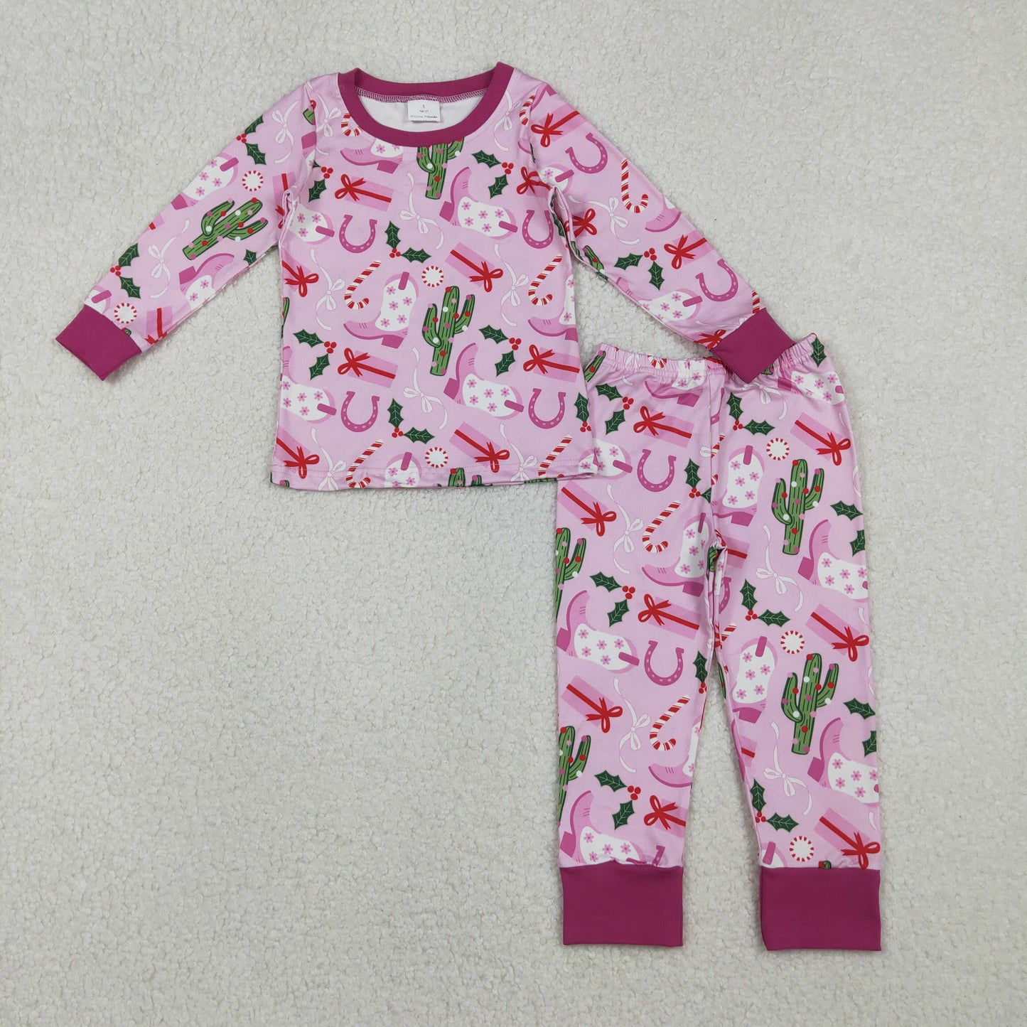 GLP1783 Cactus Boots Candy Cane Print Girls Christmas Pajamas Clothes Set