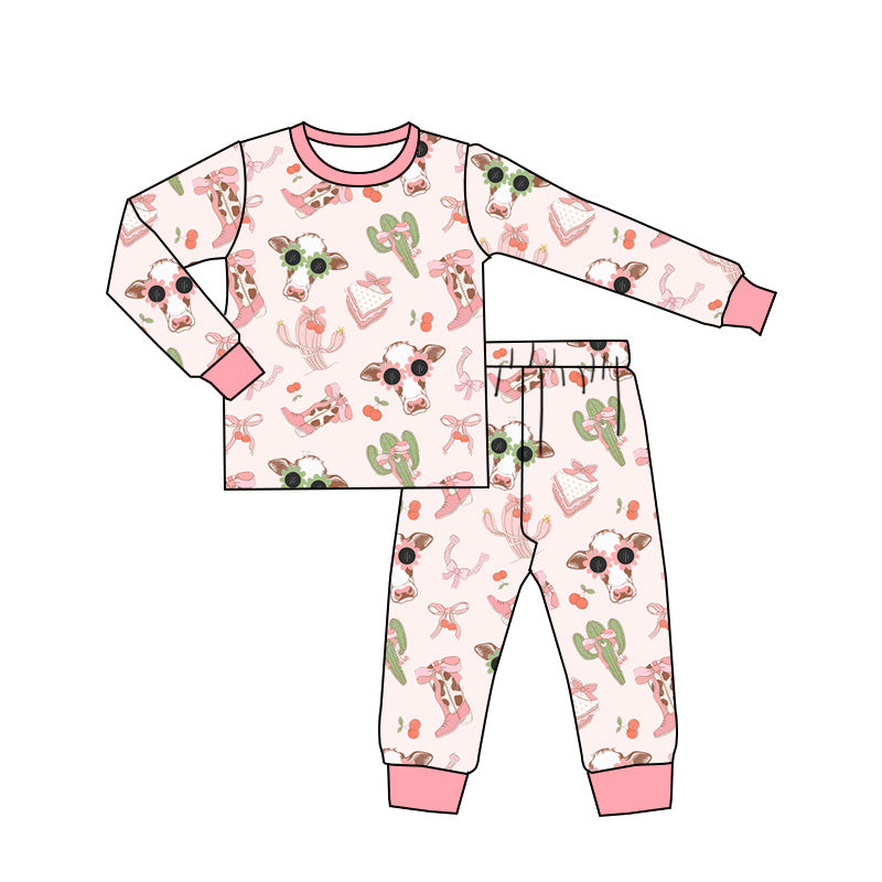 (Pre-order)GLP1791 Boots Cows Cactus Pink Print Girls Fall Western Pajamas Clothes Set