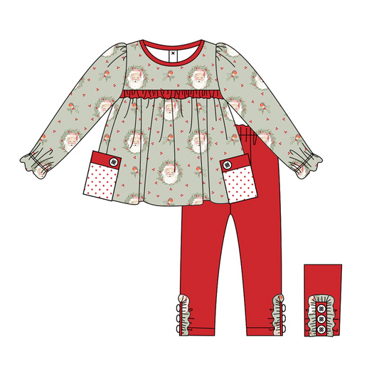 (Pre-order)GLP1796 Santa Pockets Tunic Top Pants Girls Christmas Clothes Set