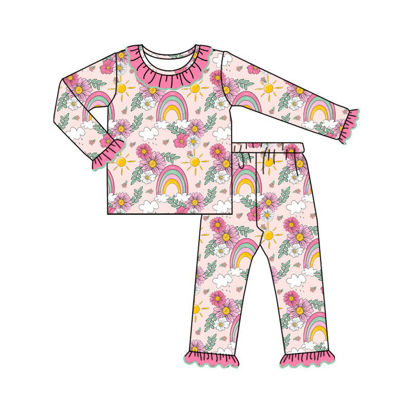 (Pre-order)GLP1801 Flowers Rainbow Print Girls Pajamas Clothes Set