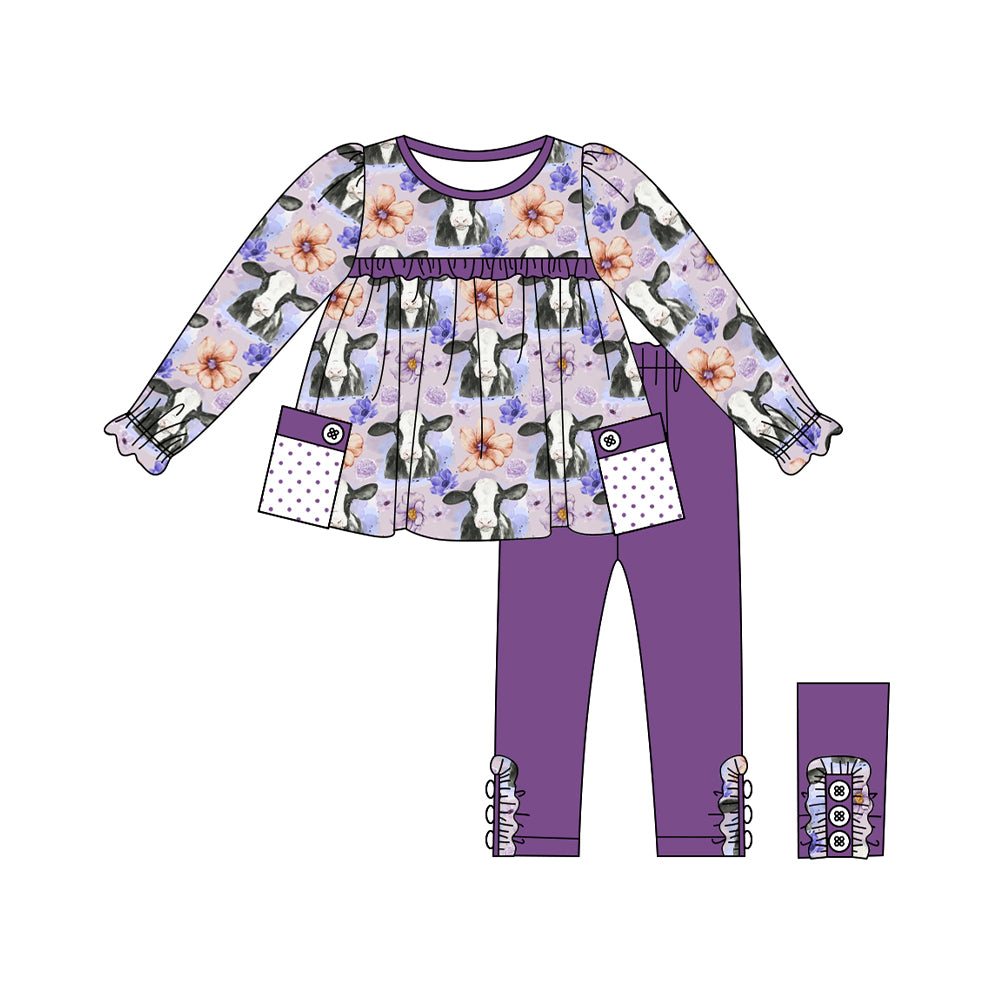 (Pre-order)GLP1803 Cows Flowers Tunic Top Purple Pants Girls Fall Clothes Set