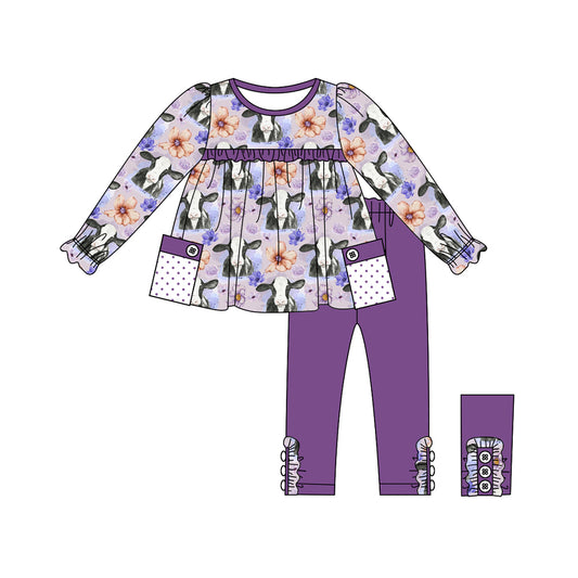 (Pre-order)GLP1803 Cows Flowers Tunic Top Purple Pants Girls Fall Clothes Set