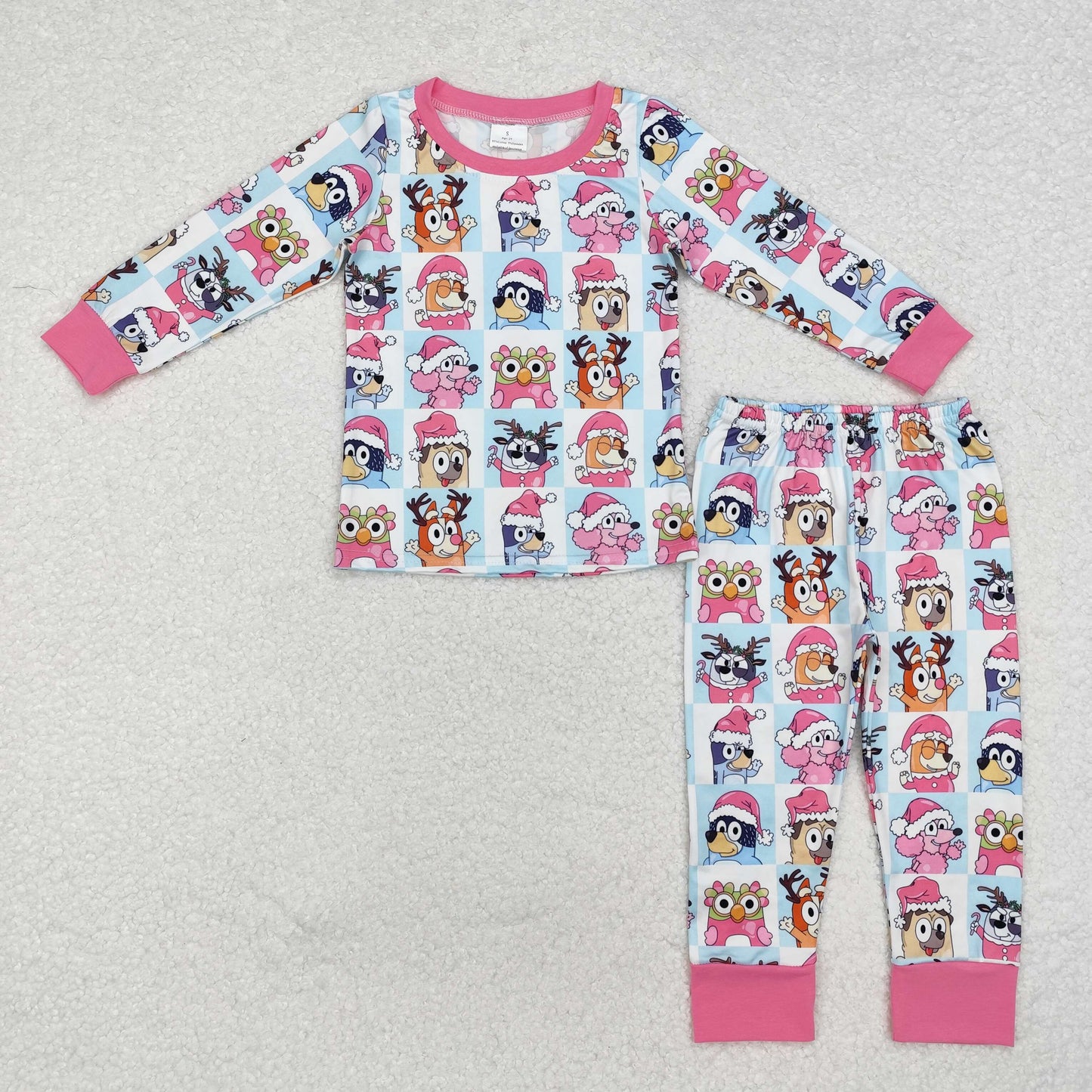 GLP1805 Cartoon Dog Pink Print Girls Christmas Pajamas Clothes Set