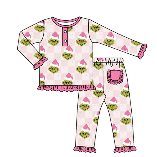 (Pre-order)GLP1806 Green Frog Pink Plaid Print Girls Christmas Pajamas Clothes Set