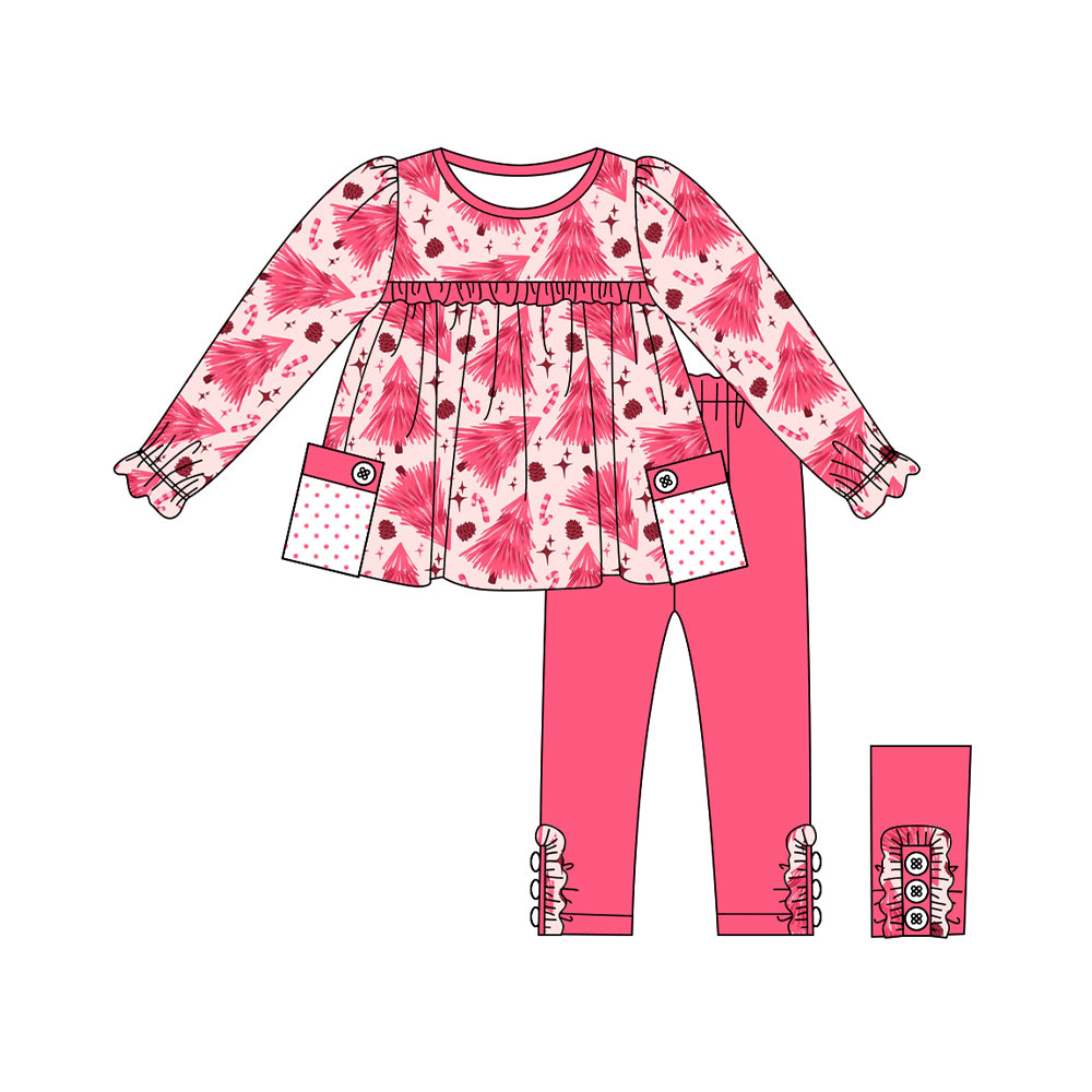 (Pre-order)GLP1807 Tree Candy Cane Pink Tunic Top Legging Pants Girls Christmas Clothes Set