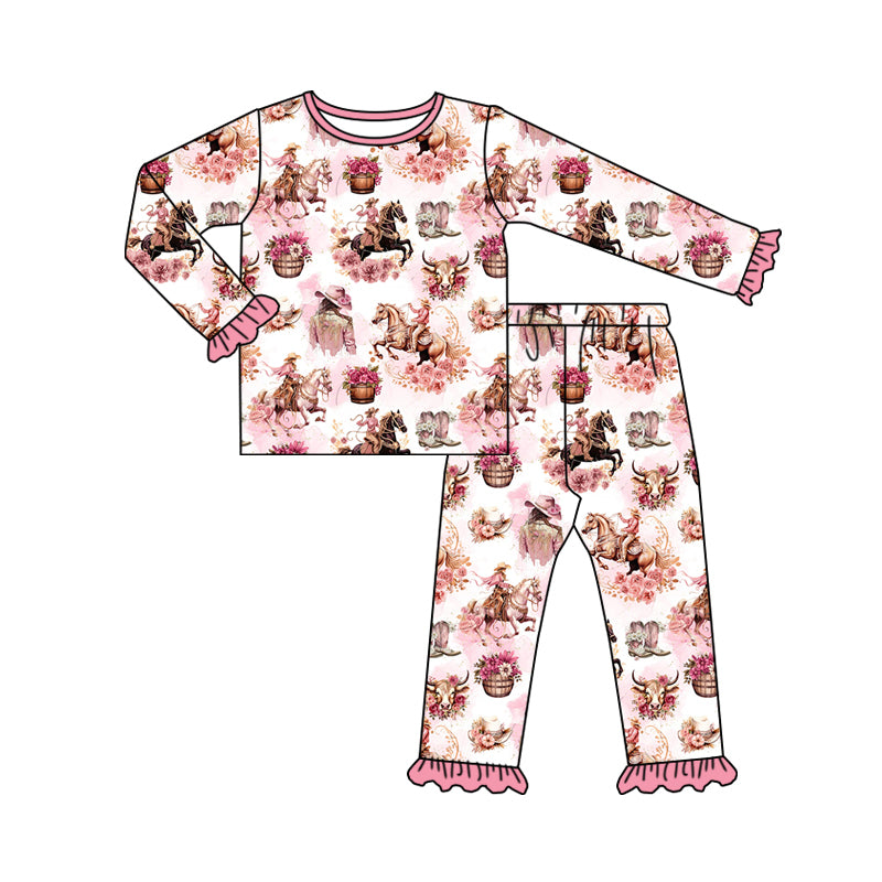 (Pre-order)GLP1809 Cowgirl Flowers Print Girls Fall Pajamas Clothes Set