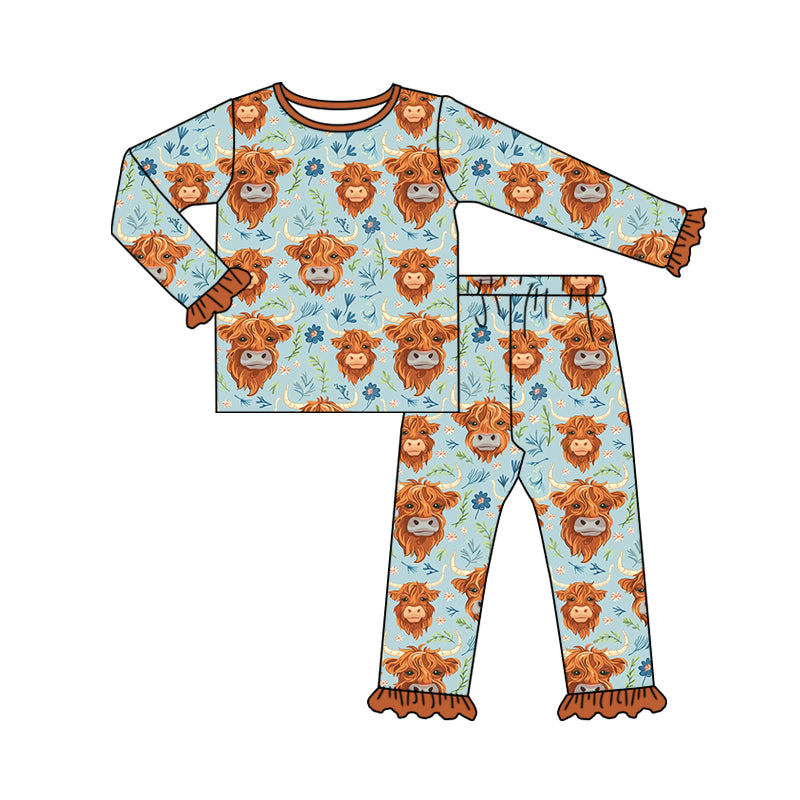 (Pre-order)GLP1810 Highland Cow Flowers Print Girls Fall Pajamas Clothes Set