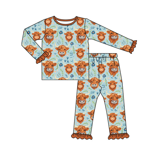 (Pre-order)GLP1810 Highland Cow Flowers Print Girls Fall Pajamas Clothes Set