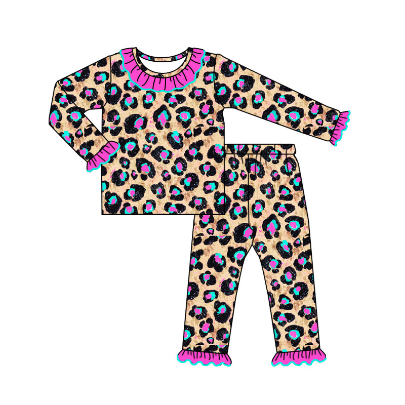 (Pre-order)GLP1811 Hotpink Leopard Print Girls Fall Pajamas Clothes Set