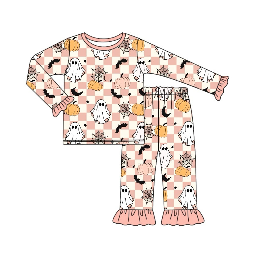 (Pre-order)GLP1812 Ghost Pumpkin Plaid Print Girls Halloween Pajamas Clothes Set