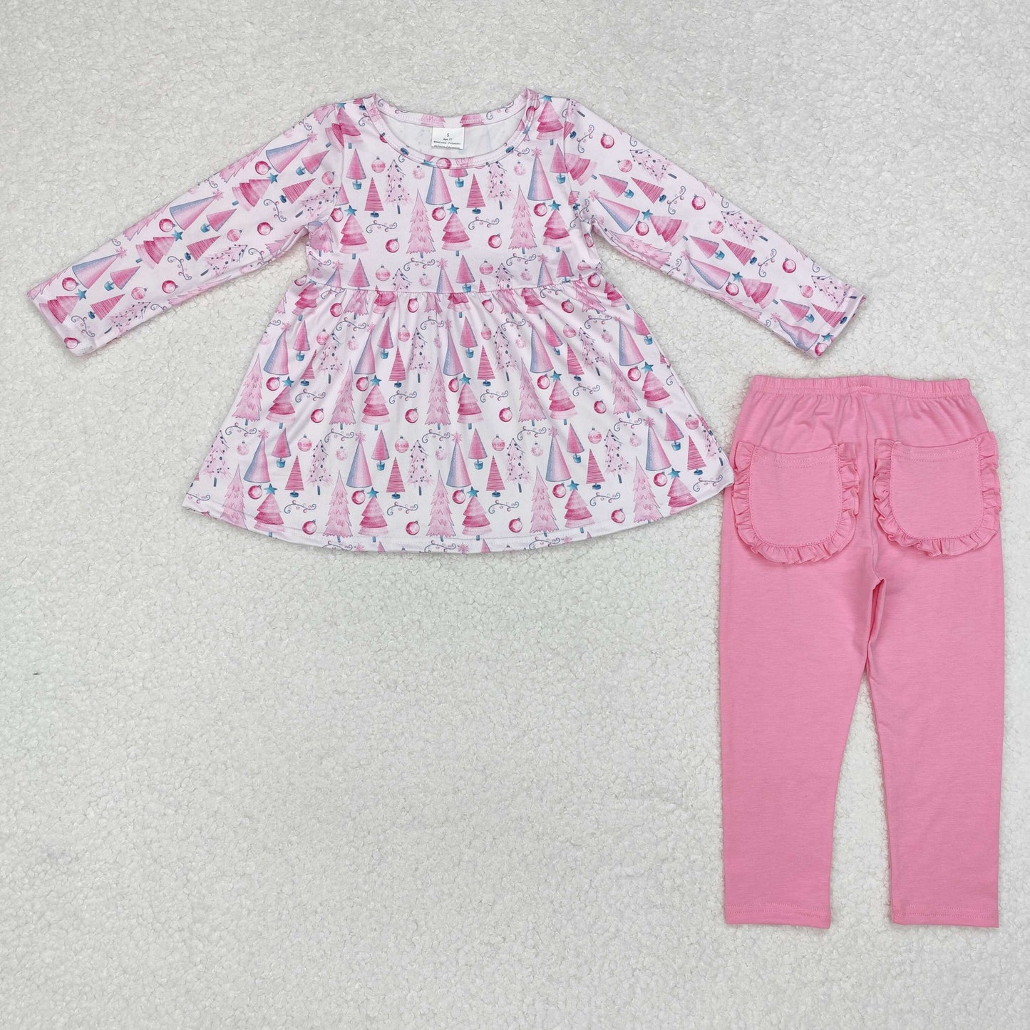 GLP1814 Trees Pink Tunic Top Pockets Pants Girls Christmas Clothes Set