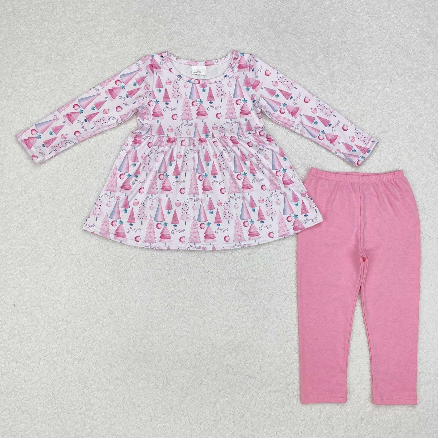 GLP1814 Trees Pink Tunic Top Pockets Pants Girls Christmas Clothes Set