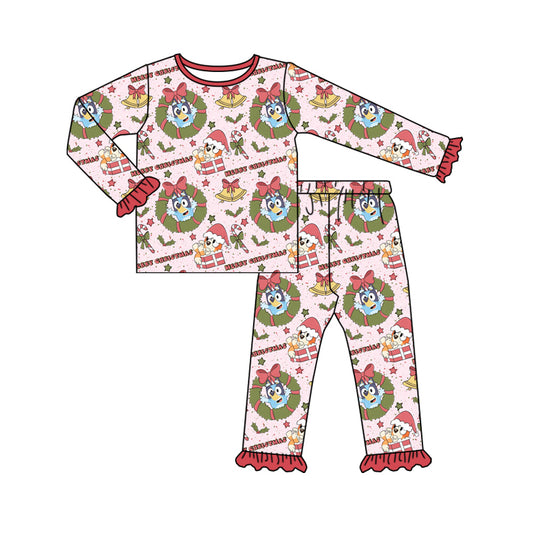 (Pre-order)GLP1816 Cartoon Dog Flowers Print Girls Christmas Pajamas Clothes Set