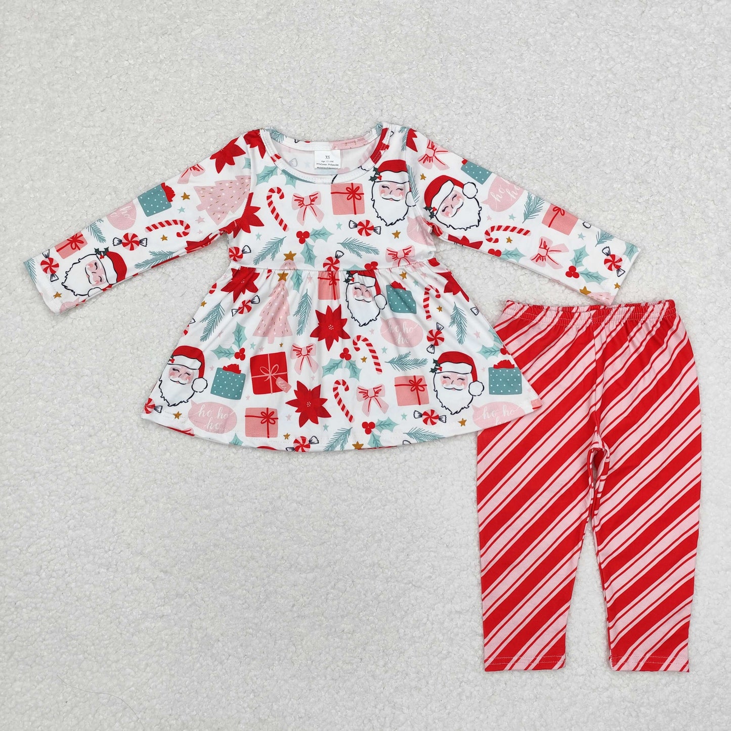 GLP1823 Santa Holly Tunic Top Red Stripes Pants Girls Christmas Clothes Set