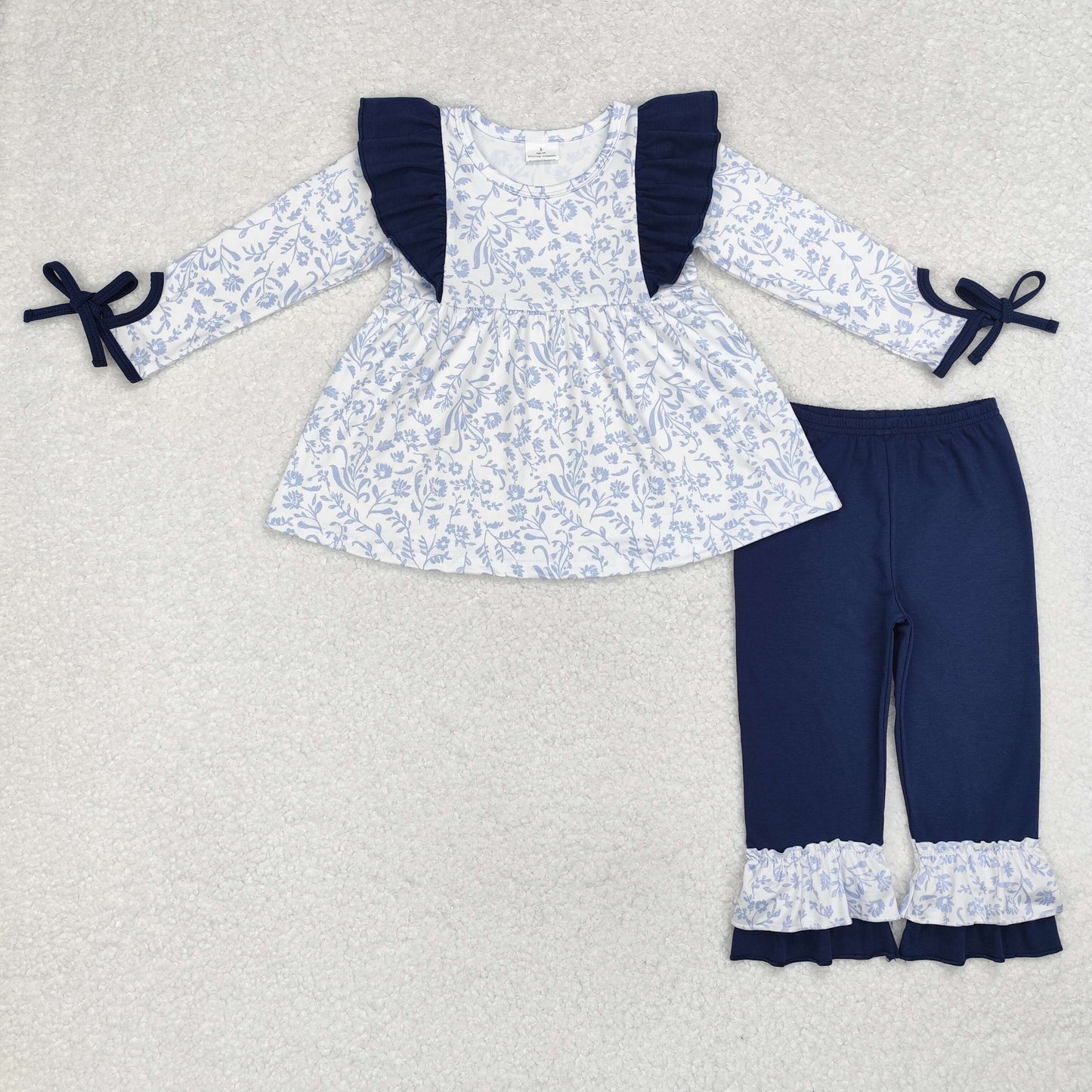 GLP1828 Flowers Tunic Top Ruffle Navy Pants Girls Fall Clothes Set