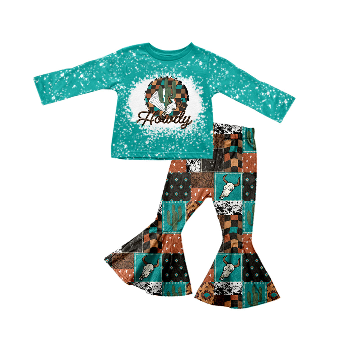 (Pre-order)GLP1830 Skull Cactus Aztec Print Bell Pants Girls Clothes Set