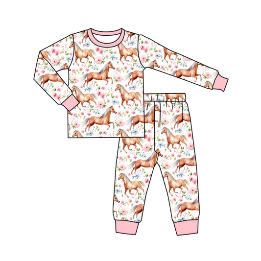 (Pre-order)GLP1831 Horse Flowers Print Girls Fall Pajamas Clothes Set