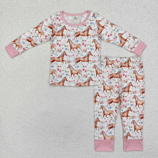 GLP1831 Horse Flowers Print Girls Western Pajamas Clothes Set