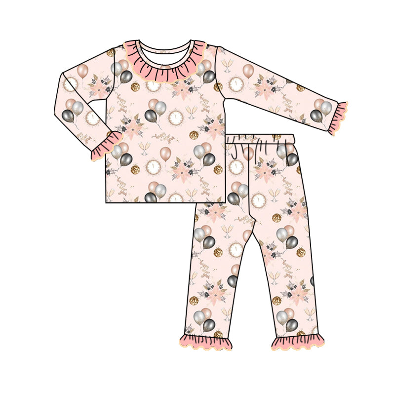 (Pre-order)GLP1832 Champagne Balloon Flowers Print Girls Happy New Year Pajamas Clothes Set