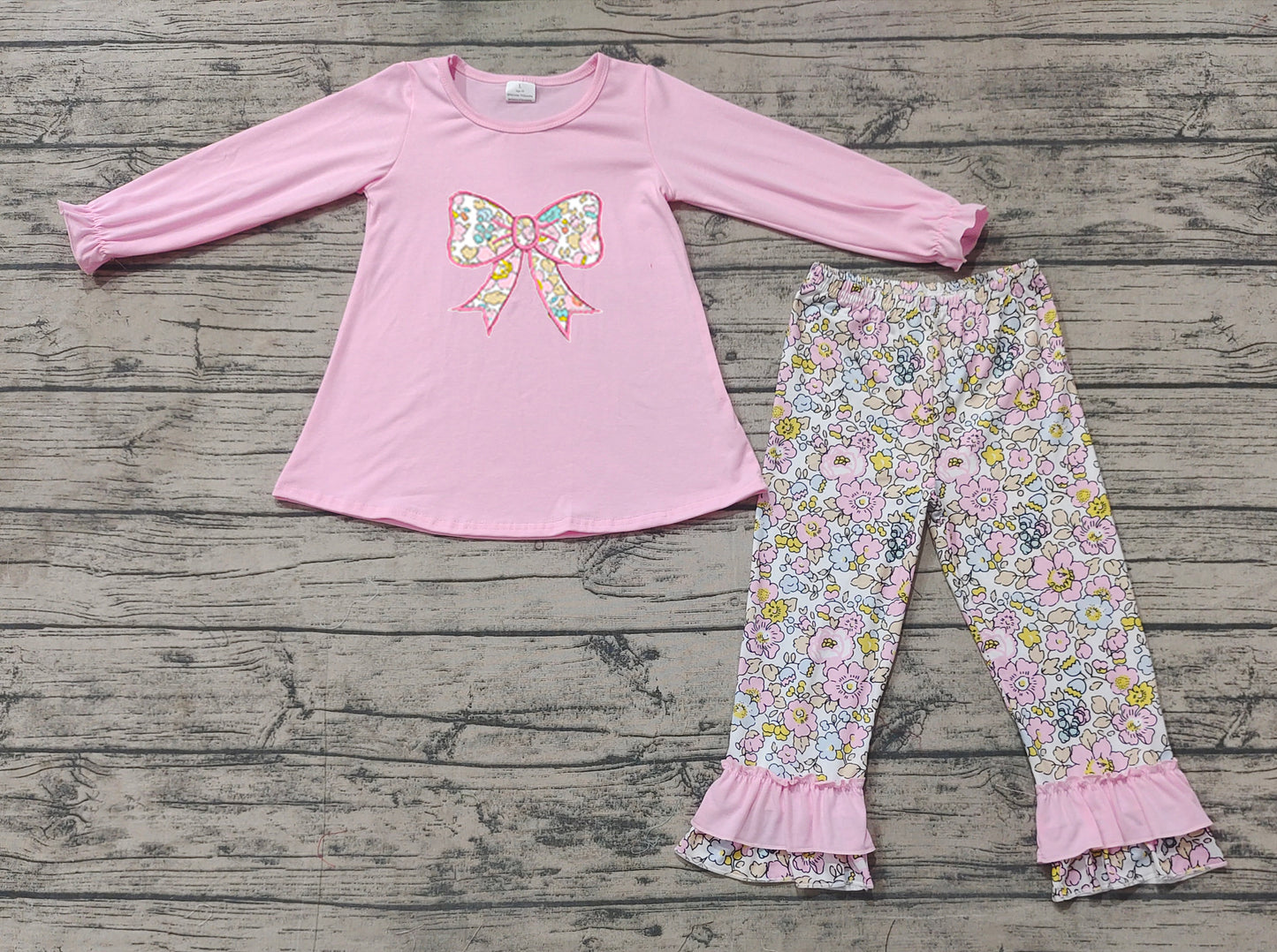 (Pre-order)GLP1836 Pink Bows Top Flowers Pants Girls Clothes Set